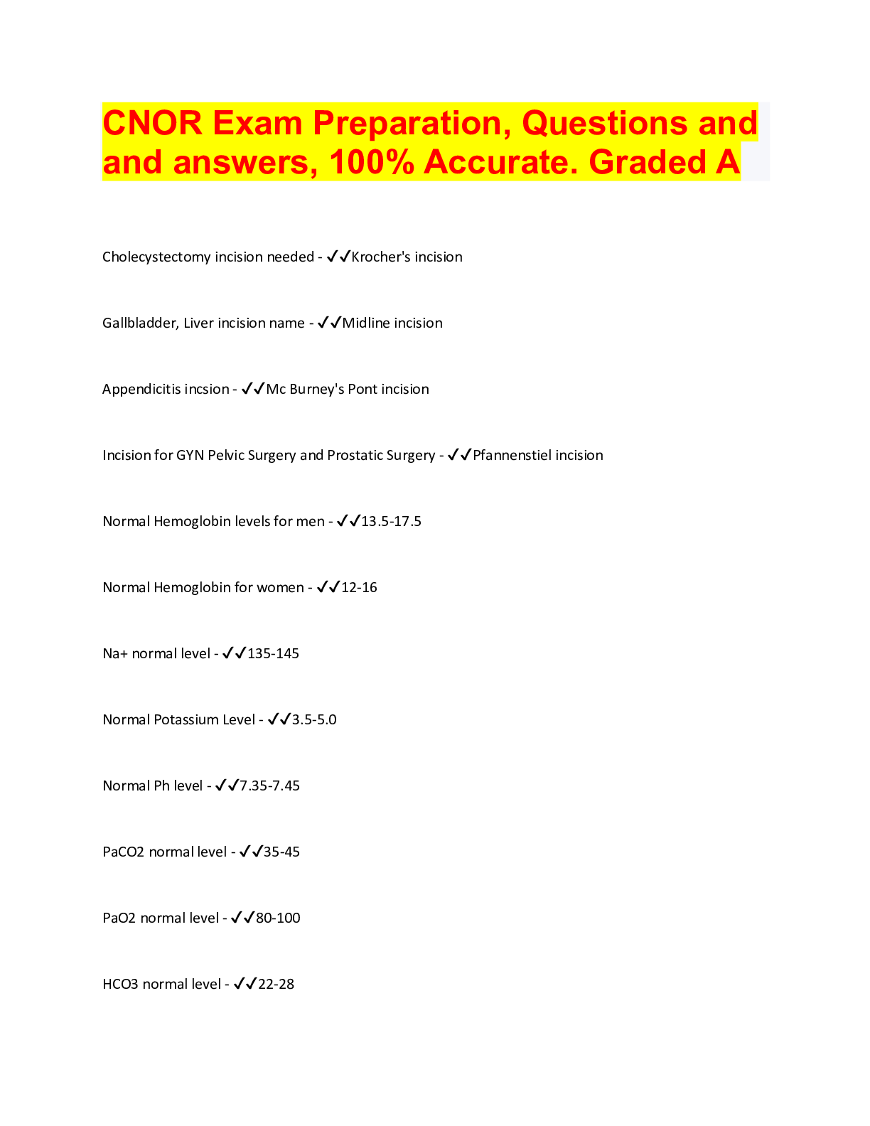 Preview image for CNOR Exam Preparation, Questions and  and answers, 100% Accurate. Graded A